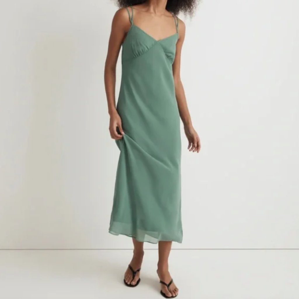 Madewell Layered Slip Midi Dress In Trellis Green - Semi-Sheer Chiffon - Size 0